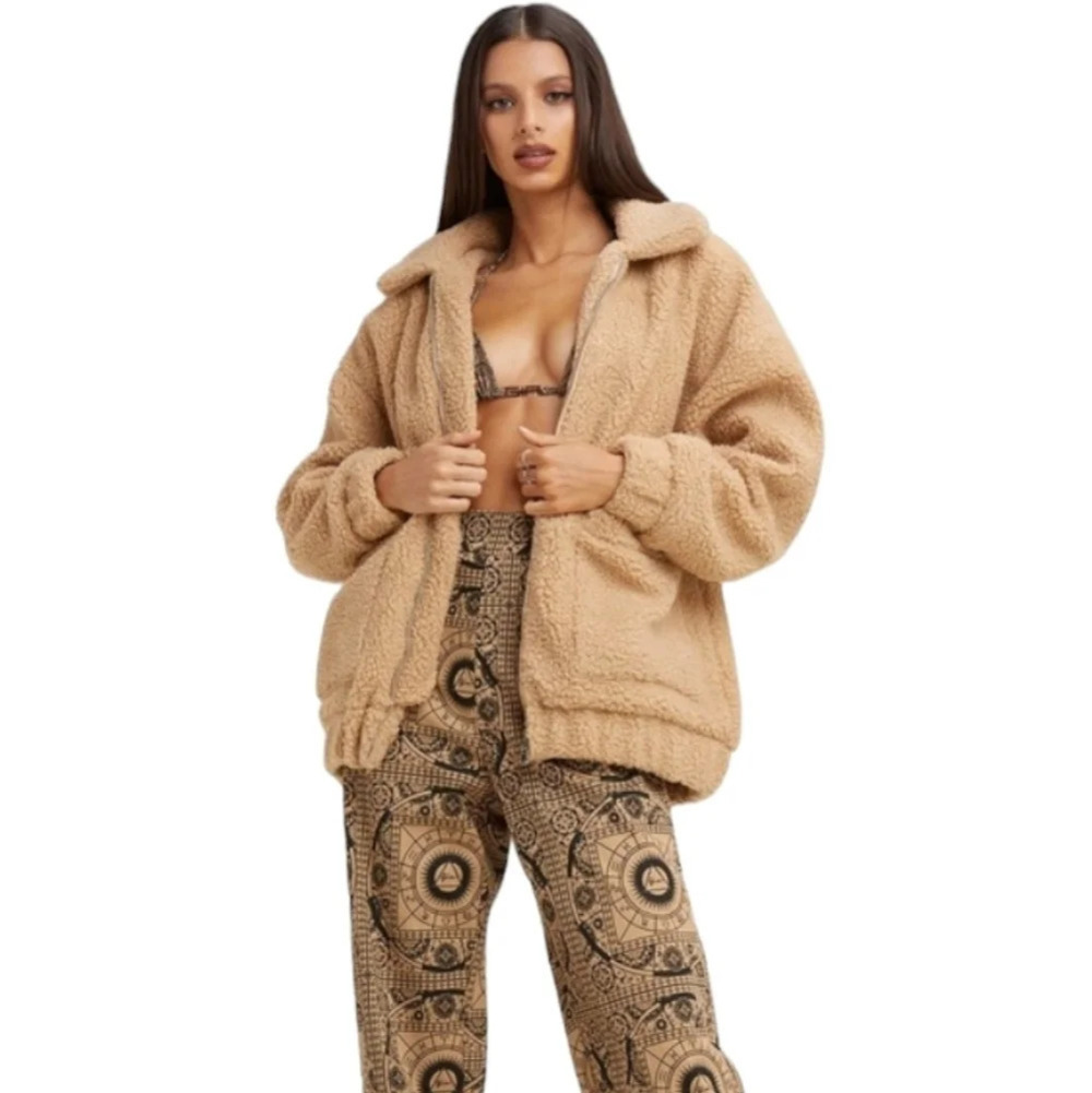 I.AM.GIA Pixie Teddy Sherpa Jacket Coat in Caramel Color Zip Front Size Large